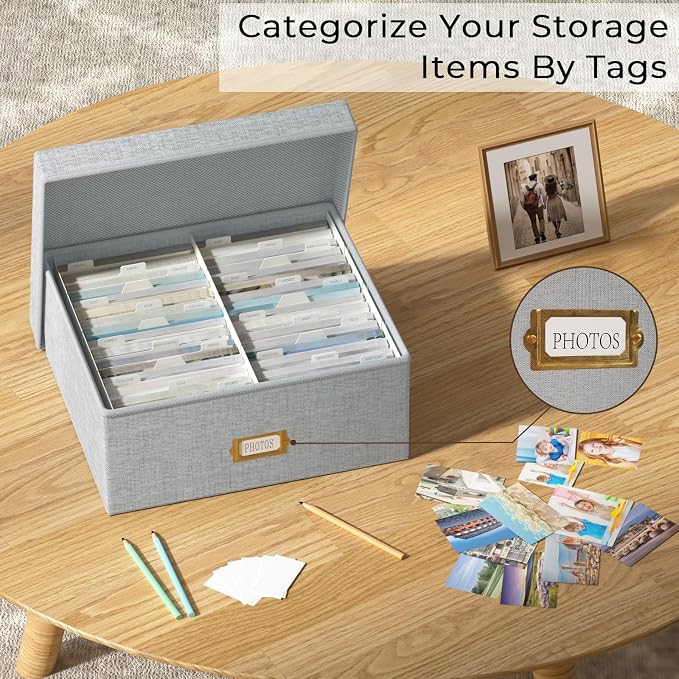 Decorative Photo Storage Box, 2 Pack Linen Photo Box Hold 1700 4x6 Pictures | Photo Storage Containers with 8 Dividers, Memory Keepsake Organizer for Photos, Scrapbook Supplies, Cards, Stamps, Grey - Image 7
