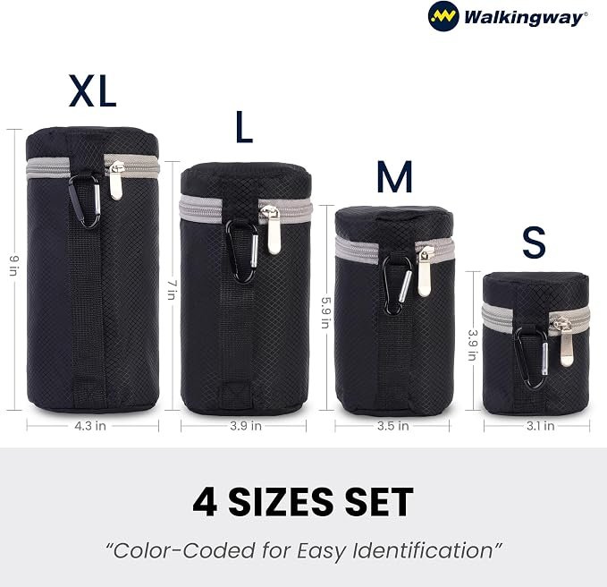 Walking Way 4-Pack Shock-Absorbing Lens Pouch Set, Color-Coded 7mm Thick Neoprene DSLR Camera Lens Case, Compact Storage, Belt Clip & Zipper Closure (S-XL) - Image 2