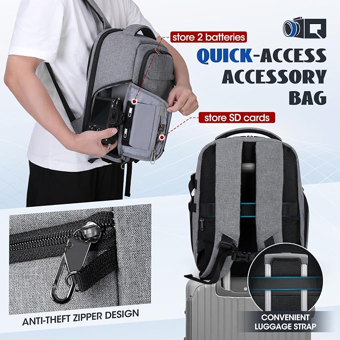 Camera Backpack Camera Bag for Photographers DSLR SLR Mirrorless Camera Cases with Waterproof Rain Cover & Laptop Compartment Fits 14 Inch Laptop,Anti Theft Travel photography backpack,Grey - Image 6