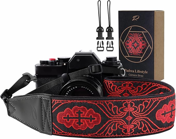 Padwa Lifestyle Camera Strap - 2" Full Grain Leather Ends Camera Straps for Photographers, Vintage Red Embroidered Cotton Weave Soft Suede Fabric Padded Strap Quick Release fits All Cameras by PadwaLifestyleCameraStrap