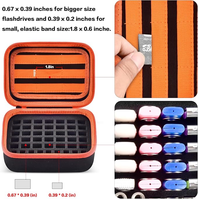 Comecase USB Flash Drive Case, Holds 44 USB Drives and 9 SD Cards | Pre-Cut Foam Fits Mixed Drive Sizes Flash Drive; EVA Shell Protects Data on the Go, Black+Orange Zipper, Large, Case Only - Image 2