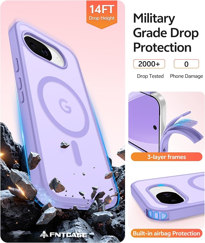 FNTCASE for Google Pixel 10a Case, Fit for Magsafe, with Screen Protector | Translucent Matte Magnetic Back, 14FT Military Grade Drop Protection, Slim Shockproof Protective Phone Cover, Light Purple - Image 5
