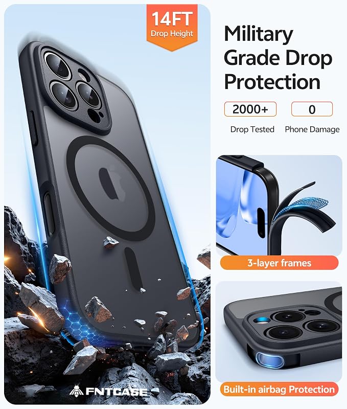 FNTCASE for iPhone 16 Pro Case, Fit for Magsafe, with Screen Protector | Full Camera Protection, Translucent Matte, 14FT Military Grade Drop Proof, Shockproof Protective Phone Cover, Black - Image 6