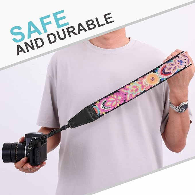 Padwa Lifestyle Colorful Knit Camera Strap - 2" Full Grain Leather Ends Camera Straps for Photographers, Vintage Embroidered Cotton Soft Suede Fabric Padded Strap Quick Release fits All Cameras - Image 7