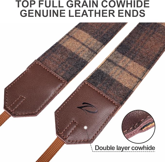 Padwa Lifestyle Camera Strap - 2" Full Grain Leather Ends Camera Straps for Photographers, Unique Vintage Cashmere and Soft Suede Fabric Padded Strap Quick Release fits All Cameras(Dark Coffee Check) - Image 2