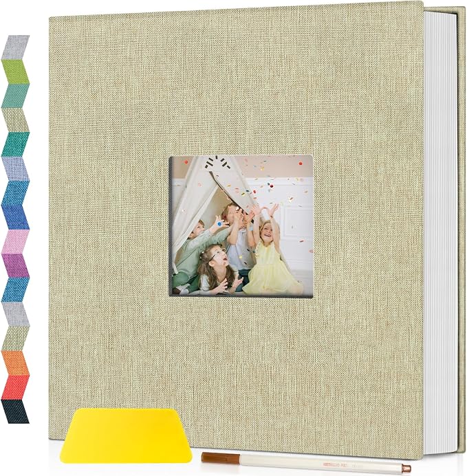 Popotop Photo Album Self Adhesive with Picture Display Window,60 Pages DIY Scrapbooking Supplies Kit for 4x6 8x10 Picture,Linen Cover Memory Book for Baby Wedding, with Scraper and Metallic Pen by Popotop
