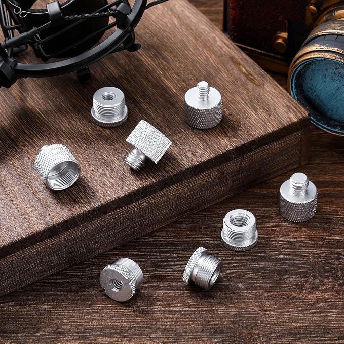 8 Pcs Mic Stand Adapter 5/8 Female to 3/8 Male 4 Types | Silver Mic Thread Adapter 8 Pcs, 5/8 3/8 1/4 Screw, Aluminum Alloy Knurled, Non Slip Grip, for Mic Stand and Boom Arm - Image 7