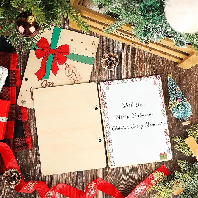 Wooden Christmas Card Keeper Binder Merry Christmas Greeting Card Holder with Rings Xmas Holiday Post Cards Organizer Wood Memories Book for Storage Keepsake Album Photo Notes Gift Winter Past Notes - Image 4