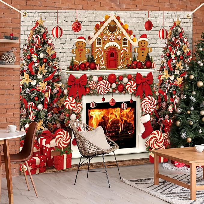 Peryiter Christmas Backdrop for Photography Xmas Tree Stocking Candy Gift Polyester Background Decoration Party Backdrop for Home Decoration Photo Studio Props(10x8 ft,Gingerbread House) - Image 5