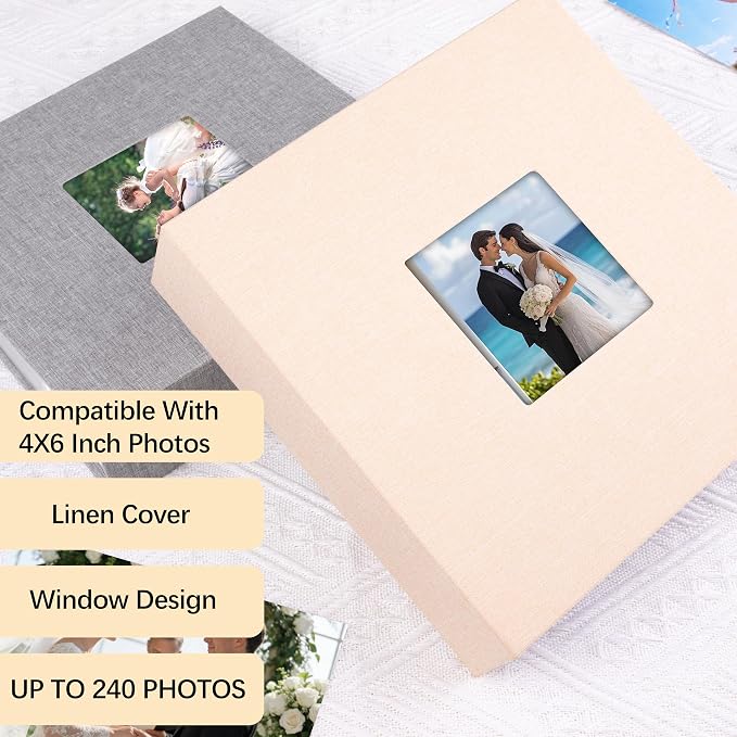 4x6 Photo Album Holds 240 Photos Writing Space, Linen Cover, Beige | Clear Acid-Free Sleeves, Memo Writing Areas, Front Display Window, Baby, Wedding, Travel & Family Picture Keepsakes - Image 3