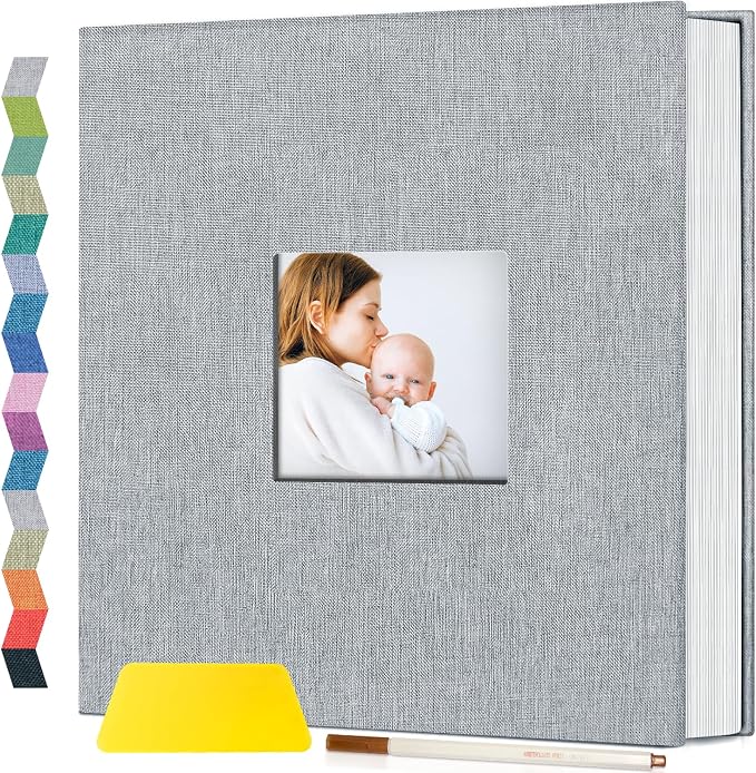 Popotop Photo Album Self Adhesive with Picture Display Window,60 Pages DIY Scrapbooking Supplies Kit for 4x6 8x10 Picture,Linen Cover Memory Book for Baby Wedding, with Scraper and Metallic Pen by Popotop