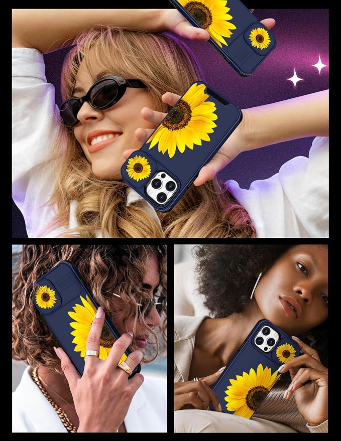 (2in1 for iPhone 15 Pro Max Case Sunflower Floral Women Cute Cover Girly Sun Flowers Pretty Blue Design with Slide Camera Cover Protective Stand Holder for iPhone 15 Pro Max Phone case 6.7'' - Image 6
