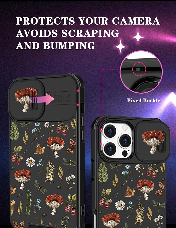 for iPhone 16 Pro Case - Women Cute Phone Cover Girly Pretty Fancy Unique Aesthetic Design Slide Camera Cover Protective Case for Apple for iPhone 16 Pro,Mushroom Floral - Image 3
