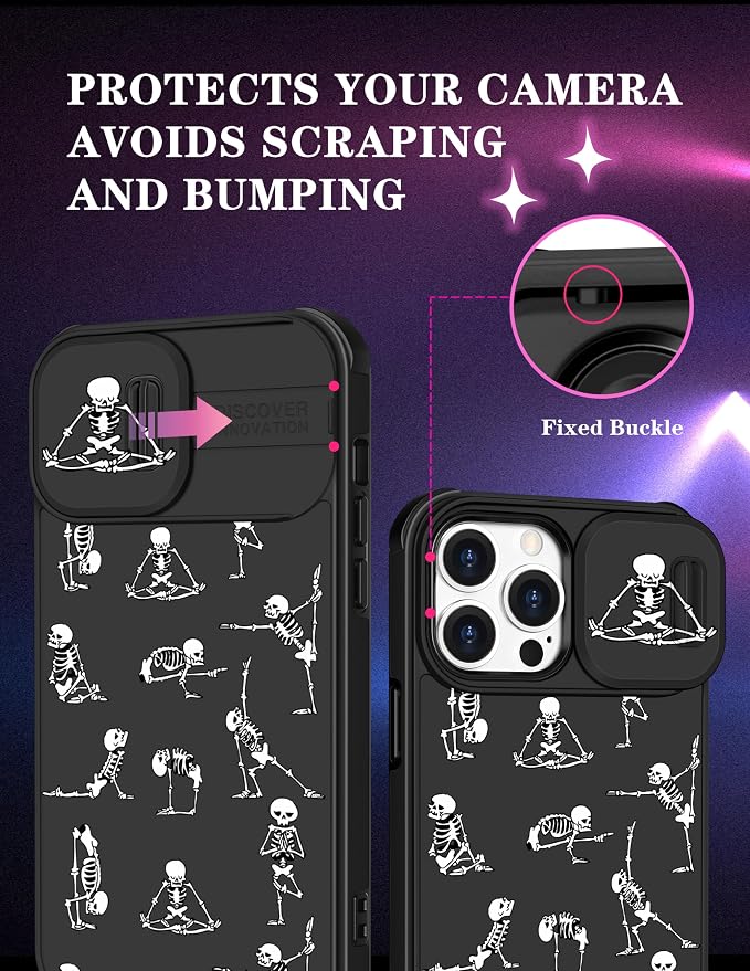 (2in1 for iPhone 12 Pro Max Case Skull for Women Cute Skeleton Yoga Phone Cover Funny Ghost Horror Design with Slide Camera Cover Protective Cool Black Teen Cases for iPhone 12 ProMax 6.7'' - Image 3