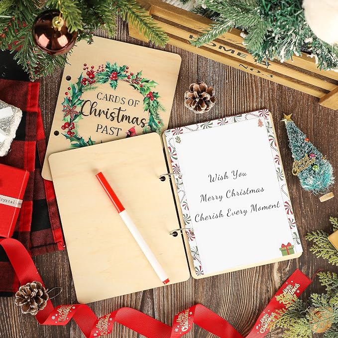 Wooden Christmas Card Organizer Merry Christmas Greeting Card Holder Xmas Holiday Post Cards Keeper Wood Memories Book or Binder for Storage Keepsake Album Photo Notes Gift Winter Past - Image 4