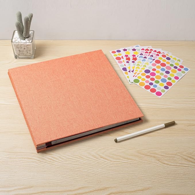 Photo Album Self Adhesive Scrapbook 3x5 4x6 5x7 6x8 Magnetic Album DIY Scrap Book 11x10.6 Inch 40 Black Sticky Pages Linen Cover DIY Photo Album(Orange) - Image 6