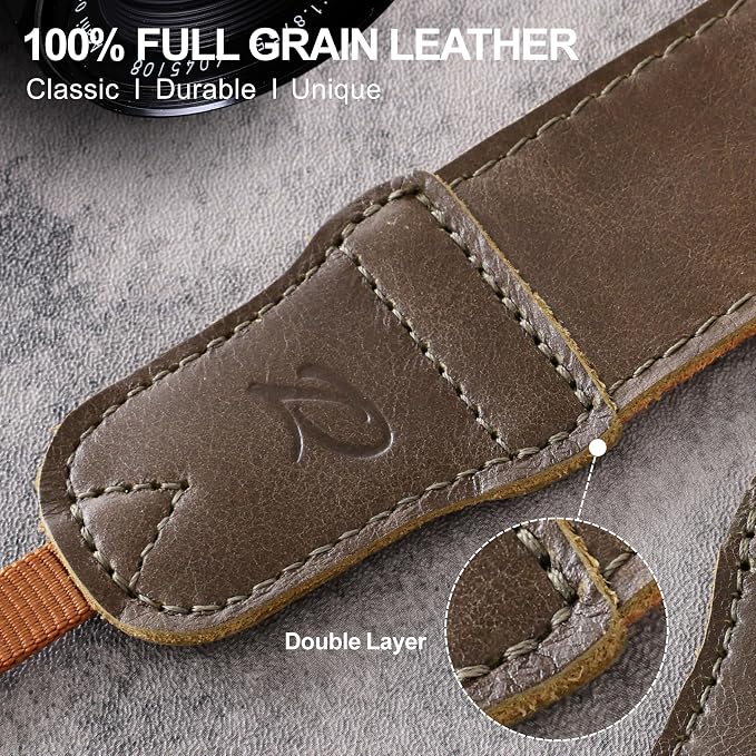 Padwa Lifestyle Green Brown Leather Camera Strap - 1.5" Soft Full Grain Cowhide Camera Straps for Photographers, Soft Suede Fabric Padded Leather Strap with Quick Release fits All Cameras - Image 3