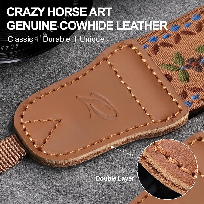 Padwa Lifestyle Embroidered Floral Camera Strap - 1.5" Crazy Horse Cowhide Ends Camera Straps for Photographers, Cute Cotton Weave Soft Suede Fabric Padded Strap fits All Cameras for Adults & Kids - Image 3