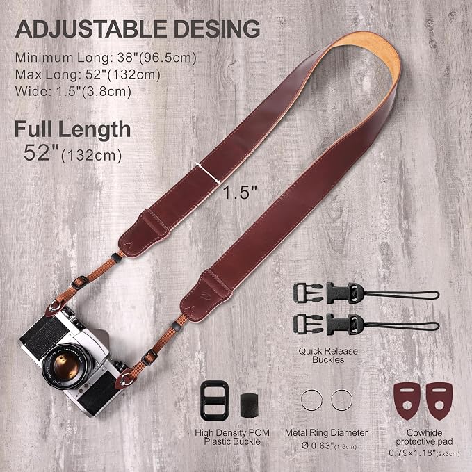 Padwa Lifestyle Red Brown Leather Camera Strap - 1.5" Soft Full Grain Cowhide Camera Straps for Photographers, Soft Suede Fabric Padded Leather Strap with Quick Release fits All Cameras - Image 6