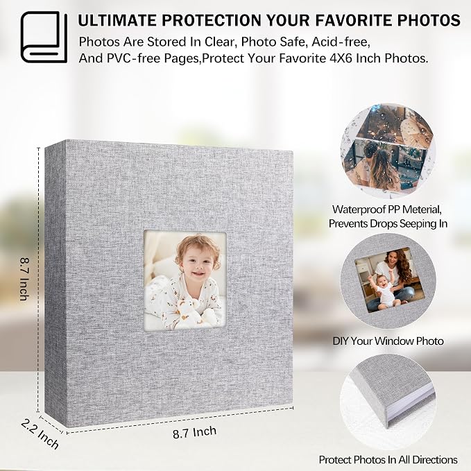 4x6 Photo Album Holds 240 Photos Writing Space, Linen Cover, Grey | Clear Acid-Free Sleeves, Memo Writing Areas, Front Display Window, Baby, Wedding, Travel & Family Picture Keepsakes - Image 2