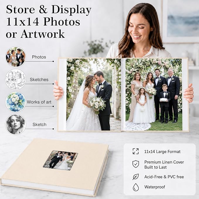 Aevdor 11x14 Photo Album and Art Portfolio, 64 Photos, Linen Cover, Beige | Front Display Window, Clear 11x14 Sleeves for Oversized Prints, Certificates, Artwork & Drawings - Image 2