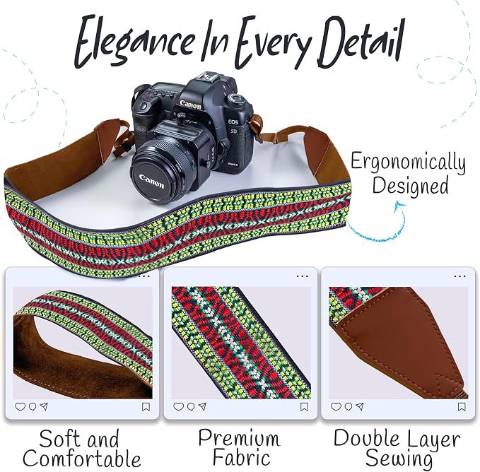 Art Tribute Camera Strap - Shoulder, Crossbody & Neck Camera Strap for Photographers, Fits All Cameras, Canon Nikon Sony Fujifilm, Padded Strap W/Quick Release, Embroidered Cotton & Leather Ends - Image 3