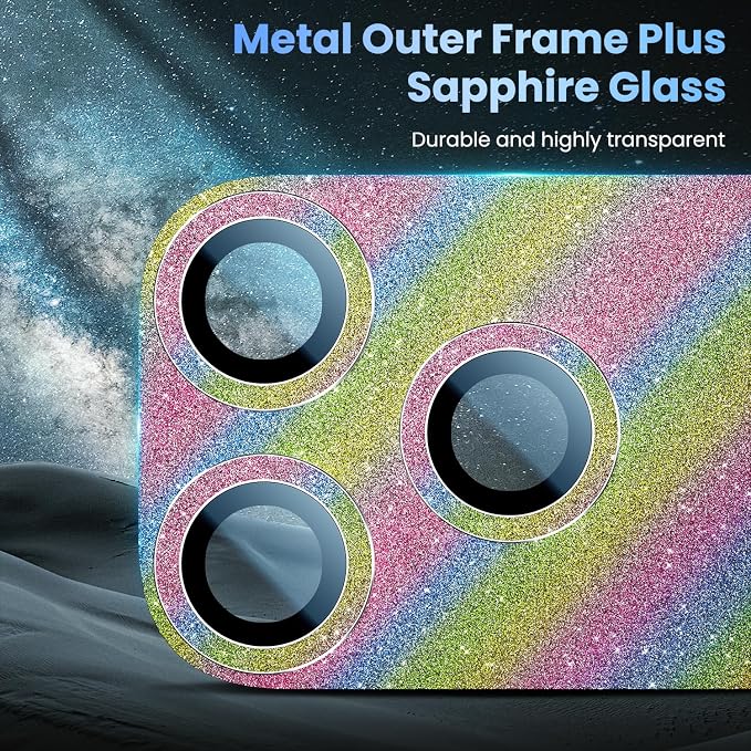 Uyiton for iPhone 17 Pro Camera Lens Protector - Metal Camera Protector | Not Easy to Break, Strong Adsorption, Case-Friendly, Metal 9H Sapphire Glass Rear Camera Screen Cover, Glitter Colorful - Image 4