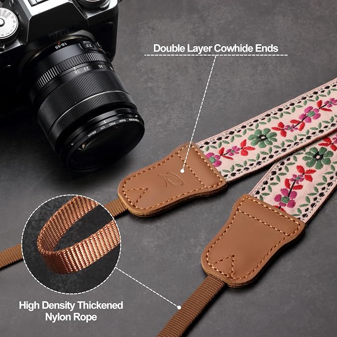 Padwa Lifestyle Embroidered Floral Camera Strap - 1.5" Crazy Horse Cowhide Ends Camera Straps for Photographers, Cute Cotton Weave Soft Suede Fabric Padded Strap fits All Cameras for Adults & Kids - Image 5