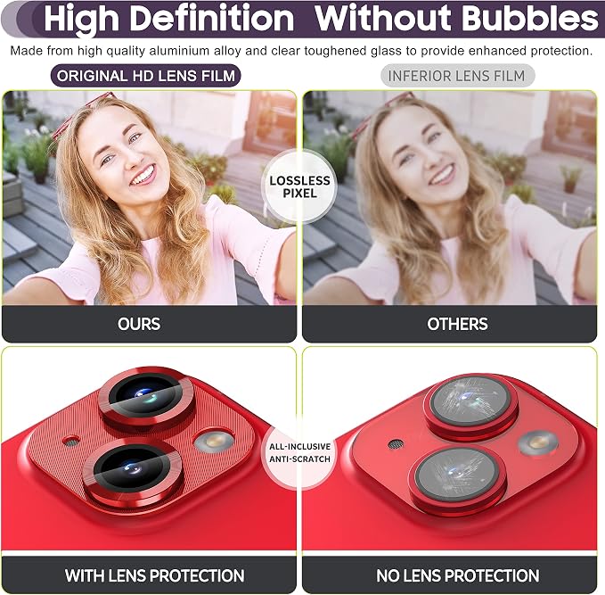 Suoman for iPhone 14 6.1 inch/iPhone 14 Plus 6.7 inch Camera Lens Protector, 9H Tempered Glass Film, [Does not Affect Night Shots] Metal Lens Protective Cover -Red - Image 6