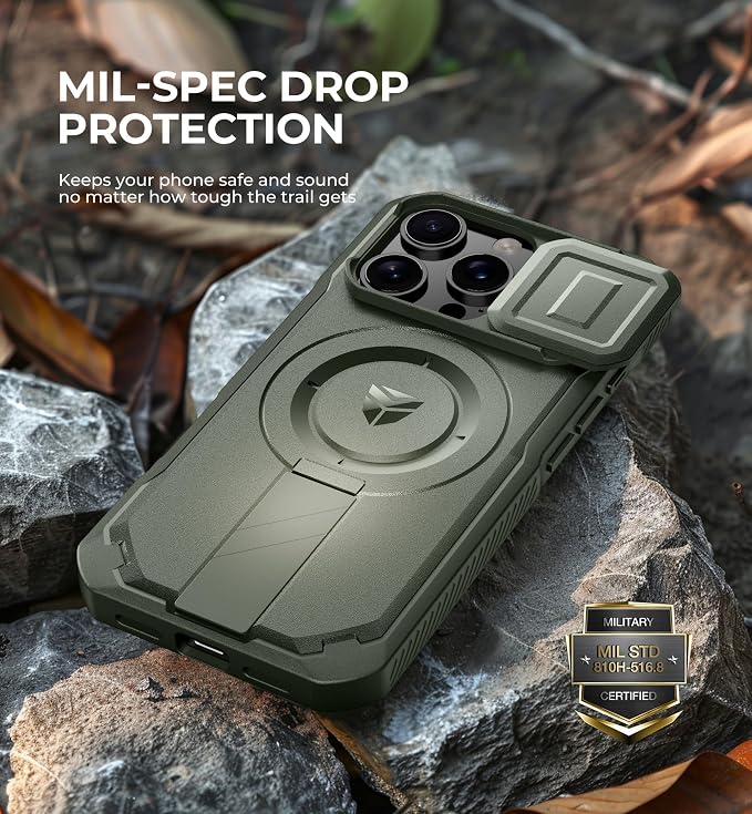 Dexnor for iPhone 16 Pro Case with Slide Camera Cover & Adjustable Kickstand, Magnetic Rugged Shockproof Bumper Cases Heavy-Duty Mangetic Protective Cover,Army Green - Image 6