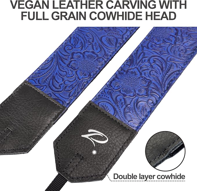 Padwa Lifestyle Camera Strap - 2" Blue Faux Leather Carving Camera Straps with Full Grain Leather Ends for Photographers, Vintage Soft Suede Fabric Padded Strap Quick Release fits All Cameras - Image 3