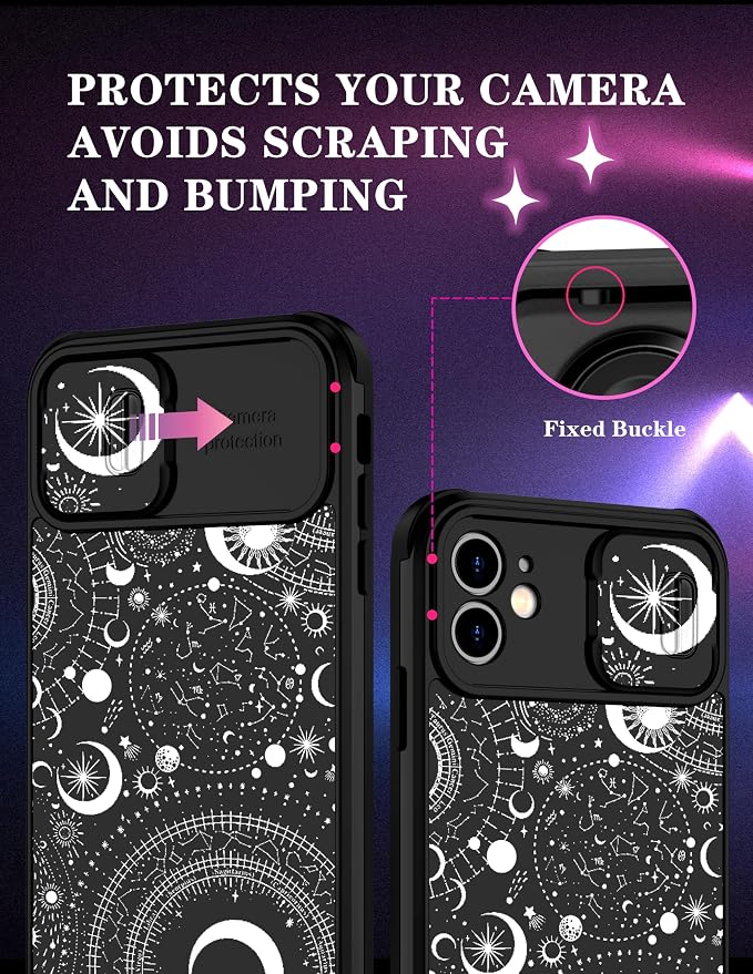 (2in1 for iPhone 11 Case Moon Stars for Women Cute Phone Cover Fashion Starry Planet Print Pattern Design with Slide Camera Cover Protective Case for iPhone 11 6.1'' - Image 3