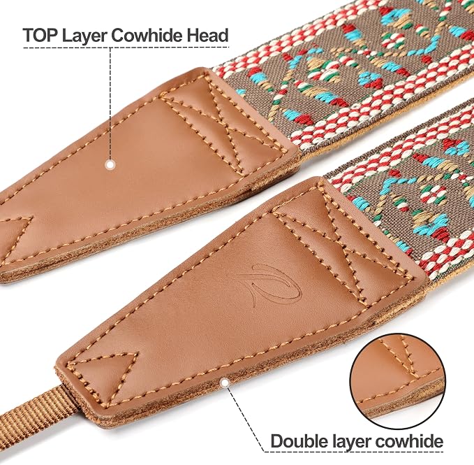 Padwa Lifestyle Matte Gold Camera Strap - 2" Full Grain Leather Ends Camera Straps for Photographers, Vintage Embroidered Cotton Weave Soft Suede Fabric Padded Strap Quick Release fits All Cameras - Image 2