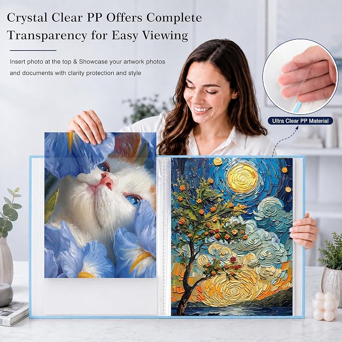 Aevdor 11x14 Photo Album and Art Portfolio, 64 Photos, Linen Cover, Blue | Front Display Window, Clear 11x14 Sleeves for Oversized Prints, Certificates, Artwork & Drawings - Image 5