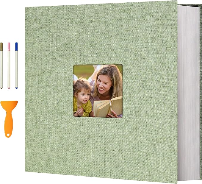 Vienrose Photo Album with Window Self Adhesive 13x12.6 120 Pages Grassgreen | Linen Cover, Scrapbook, Holds 600 Photos, Fits 4X6 8X10 Pictures, Metallic Pen by Vienrose