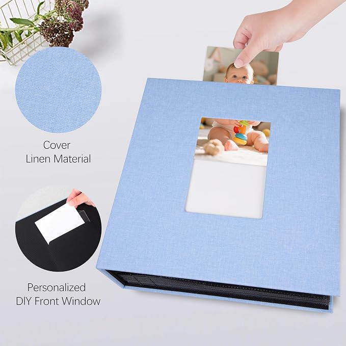 Aevdor Large Capacity 8x10 Photo Album, 200 Photos, Linen Cover, Blue | Black Inner Pages, Vertical 8x10 Layout, Clear Pockets for Photos, Artwork, Postcards & Drawings - Image 7