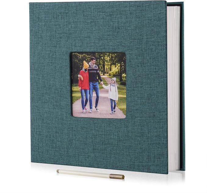 HoneyTolly Large Photo Album Self Adhesive with Picture Display Window, DIY Scrapbook Album for 4x6 8x10 Pictures, 40 Pages Linen Cover Memory Book with Scraper and Metallic Pen(Dark Green) by HoneyTolly