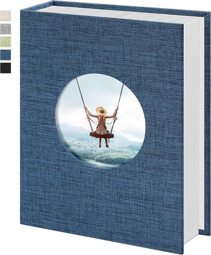 Vienrose Photo Album 4x6 Photos 100 Pockets Linen Cover Slip-in Photo Book with Round Window for Wedding, Vacation Memories, Personalized Picture Organizer, Blue by Vienrose