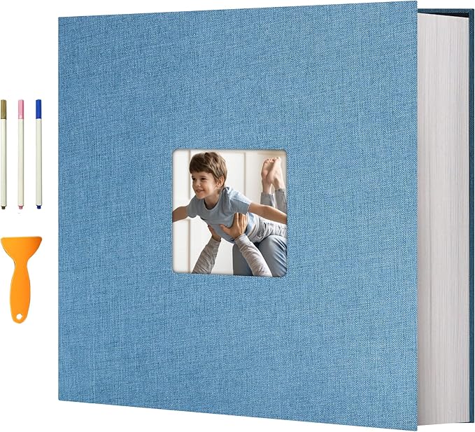 Vienrose Photo Album with Window Self Adhesive 13x12.6 120 Pages Skyblue | Linen Cover, Scrapbook, Holds 600 Photos, Fits 4X6 8X10 Pictures, Metallic Pen by Vienrose