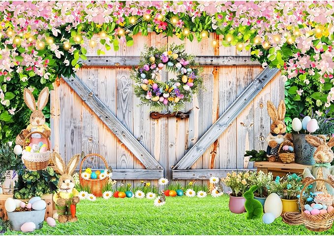 Easter Photo Backdrop for Photography, 8x6ft | Spring Wall Background for Photoshoot, Green Grass, Bunny Eggs, Rustic Barn Door, for Outdoor, Family Party Decorations by TERSUM