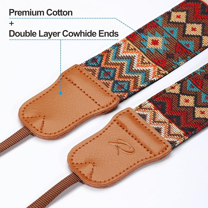 Padwa Lifestyle Camera Strap - 2" Cowhide Head Camera Straps for Photographers,Vintage Jacquard Embroidery Woven Cotton Adjustable Shoulder Neck Straps for Cameras,Binoculars（Cool Ethnic Style Brown） - Image 2