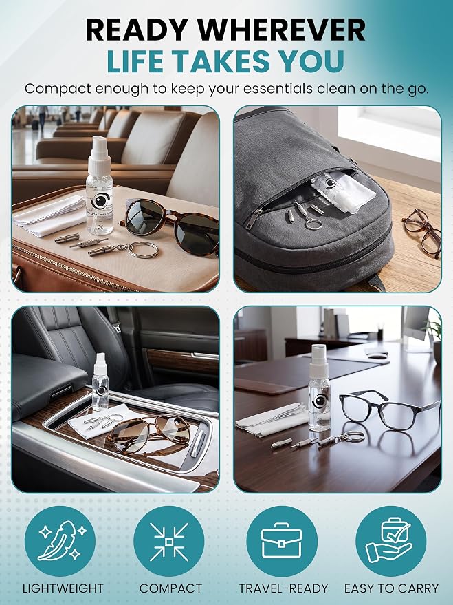 Complete Eyeglass Lens Cleaner Set | Cleans Any Lens or Screen | Repair Tool Fixes Eyeglasses, Sunglasses, and Watches | Includes Cleaning Solution, Repair Tool, and Premium Microfiber Towelette - Image 7