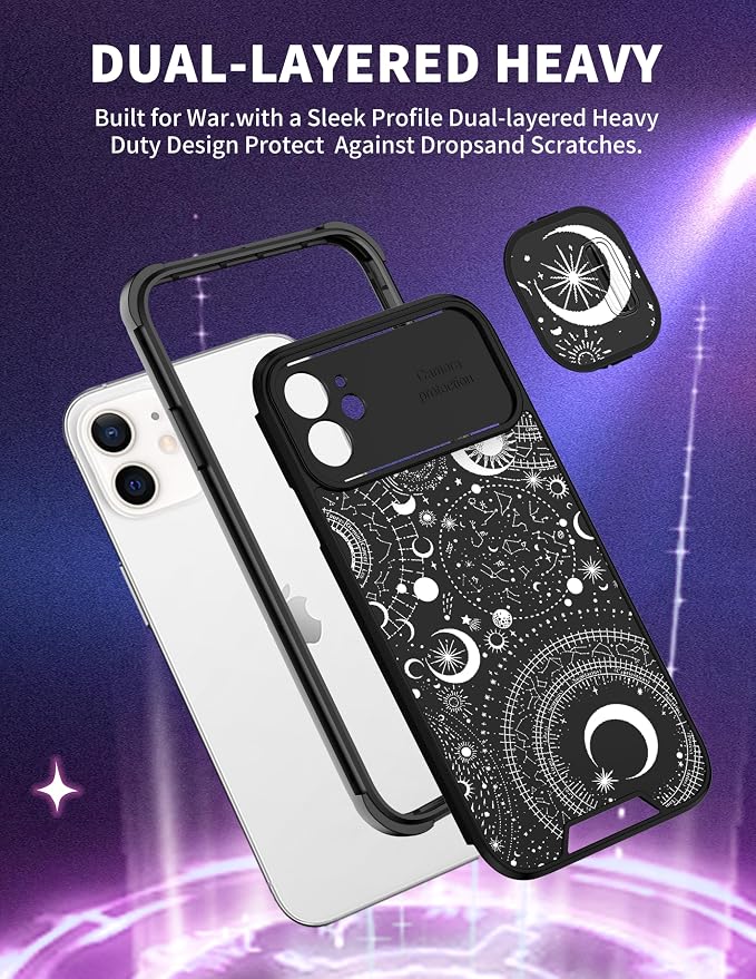 (2in1 for iPhone 11 Case Moon Stars for Women Cute Phone Cover Fashion Starry Planet Print Pattern Design with Slide Camera Cover Protective Case for iPhone 11 6.1'' - Image 5
