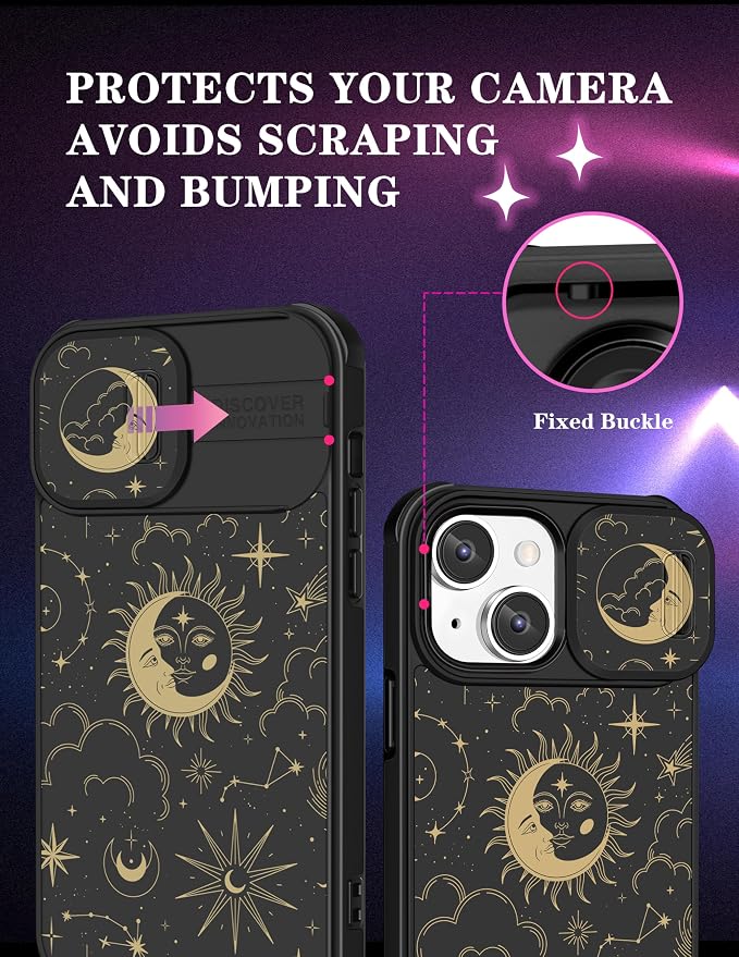 (2in1 for iPhone 13 Mini Case Sun and Moon Stars Women Cute Space Phone Cover with Slide Camera Cover Protective Fashion Golden Print Design Cases for iPhone 13Mini 5.4'' - Image 3