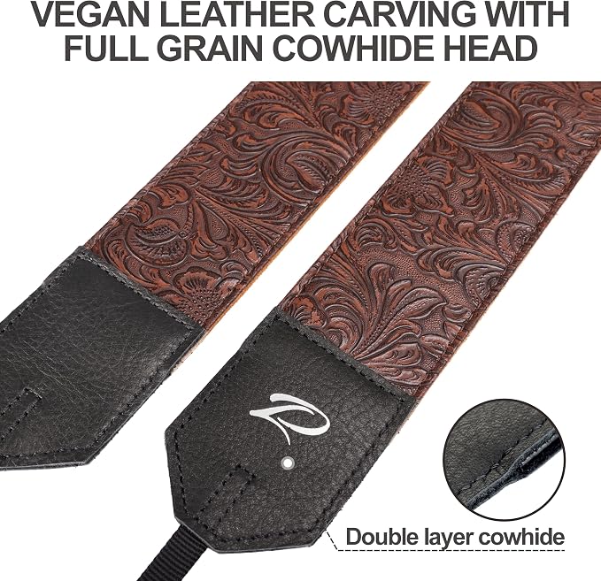 Padwa Lifestyle Camera Strap - 2" Coffee Faux Leather Carving Camera Straps with Full Grain Leather Ends for Photographers, Vintage Soft Suede Fabric Padded Strap Quick Release fits All Cameras - Image 3