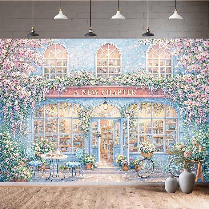 20X10ft A New Chapter Begins Backdrop Bridal Shower Blue Floral Book Shop Wedding Engagement Photography Background Bridal Shower Party Decoration Supplies Cake Table Photo Booth Studio Props - Image 2