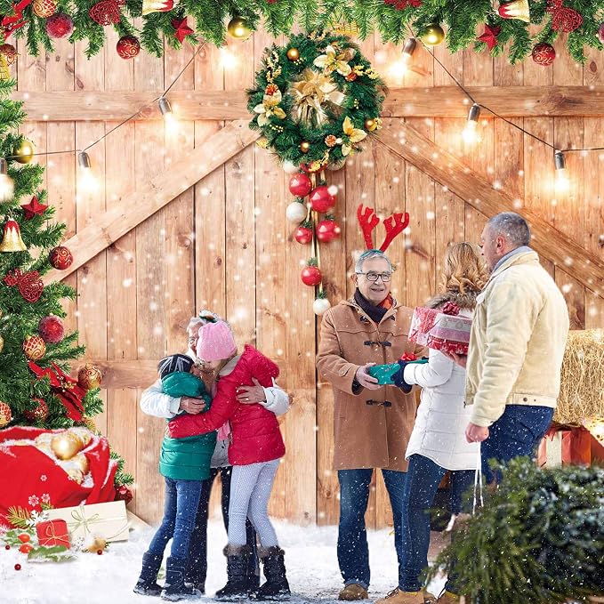 Christmas Backdrop Soft Fabric Rustic Barn Wood Door Backdrop for Photography Xmas Tree Snow Wall Floor Party Photo Background Family Banner Decorations Studio Prop Pictures(7x5ft) - Image 4