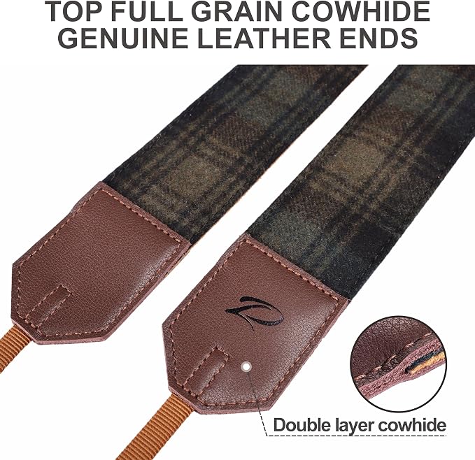 Padwa Lifestyle Camera Strap - 2" Full Grain Leather Ends Camera Straps for Photographers, Unique Vintage Cashmere and Soft Suede Fabric Padded Strap Quick Release fits All Cameras(Dark Green Check) - Image 3
