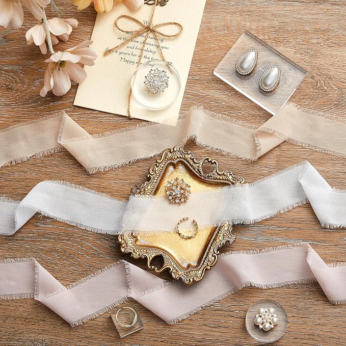 Cinnvoice 8 Pcs Flat Lay Photography Props Set for Jewelry & Wedding Details, Vintage Jewelry Tray, Acrylic Display Blocks, Chiffon Silk Ribbon for Bridal Party Decor Gift(2 Square 2 Round Bases) - Image 4