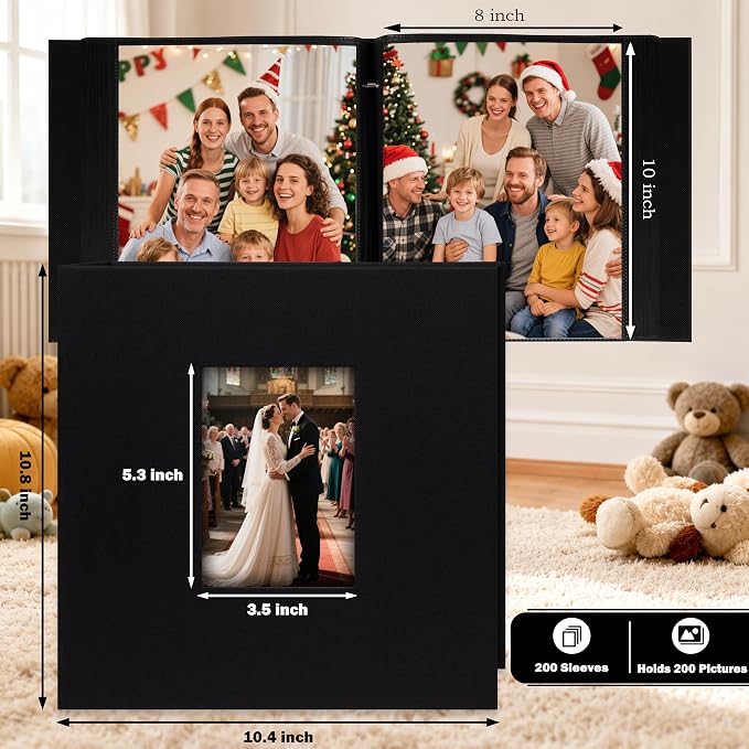 Aevdor Large Capacity 8x10 Photo Album, 200 Photos, Linen Cover, Black | Black Inner Pages, Vertical 8x10 Layout, Clear Pockets for Photos, Artwork, Postcards & Drawings - Image 3